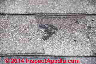 Asphalt shingle damage from hail or product defect (C) InspectAPedia JF