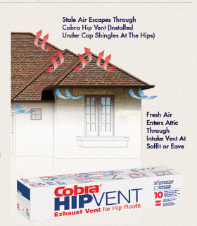 GAF's Cobra Vent for Hipped Roof hip lines - cited & discussed at InspectApedia.com