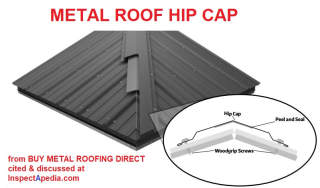 Metal roof hip cap and possilble vent product from Buy Metal Roofing Direct - cited & discussed at InspectApedia.com