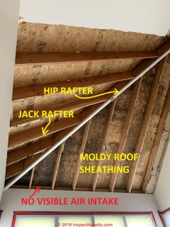 Un-vented hip roof area is moldy - how do we vent this area (C) InspectApedia.com Daniel
