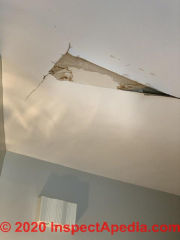 Ceiling damaged by roof leak (C) InspectApedia.com Emily