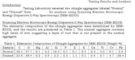 Lab report of stain sample from asphalt roof shingle (C) InspectApedia & W.R.