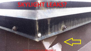 Skylight flashing damage example (C) InspectApedia.com Benefiel