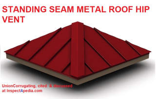 Standing seam metal roof hip vent from Union Corrugating - cited & discussed at InspectApedia.com