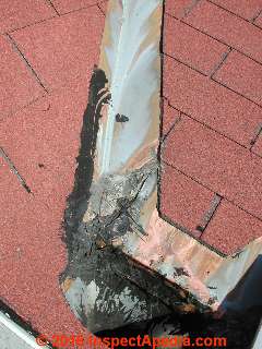 Roof valley flashing cement patch failure (C) Daniel Friedman