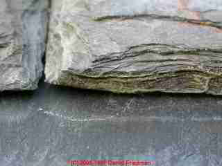 Edge of slate shows thickness and layers of minerals