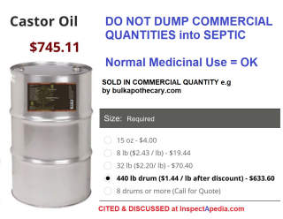 Castor oil in commercial quantity, 55 gallon drums from pharma - at InspectApedia.com
