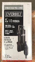 Everbilt half-inch capacity sewage pump (C) InspectApedia.com