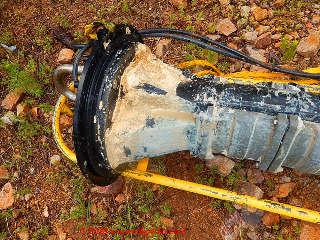 White scale on septic grinder pump (C) InspectApedia.com reader