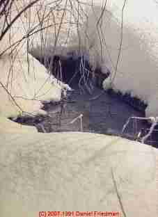 Photograph of a suspicious wet area in deep snow on a residential property near the reported septic drainfield.