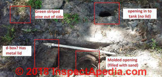Unidentifed pipes around old septic tank need investigation (C) InspectApedia.com Adam