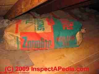 Vermiculite insulation still in the original bag in this attic ceiling may contain asbestos fibers.