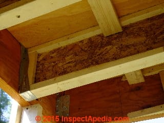 Wood I-Joist connection to rim joist & corner construction © Daniel Friedman at InspectApedia.com