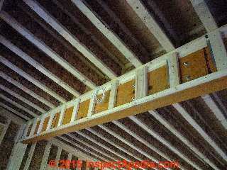 Wood I Joists atop a built-up laminate beam roof support © Daniel Friedman at InspectApedia.com