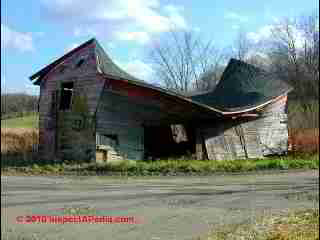Sagging collapsing roof, Amenia NY © Daniel Friedman at InspectApedia.com