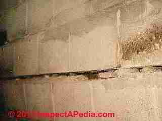 Severe horizontal cracking in a concrete block foundtaion wall © Daniel Friedman at InspectApedia.com