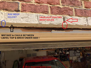 How to stop rust and rot damage at a blocked doorway lintel drain system (C) InspectApedia.com Todd