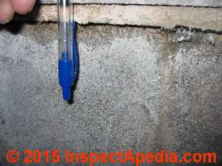 Foundation Wall bulge caused by water and frost © Daniel Friedman at InspectApedia.com