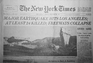 Image of the New York Times front page reporting the Northridge Earthquake - The New York Times