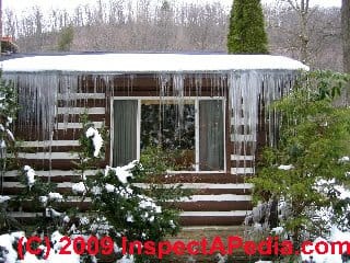 Ice dams on a log home © Daniel Friedman at InspectApedia.com