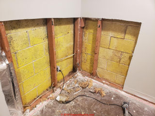 Step cracking in a concrete block foundation wall with mold on blocks (C) Inspectapedia.com  Pete