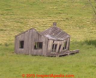 Collapsing building from no rafter ties © Daniel Friedman at InspectApedia.com