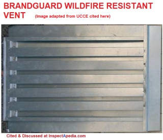 Brandguard under eave or soffit vent designed for wildfire ember entry resistance cited & discussed at InspectApedia.com