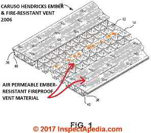 Fire and ember resistant soffit vent, Caruso Hendricks Patent US20080220714A1 at InspectApedia.com