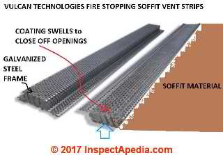 Vulcan Technologies fire ember resistant self closing soffit vent strips at InspectApedia.com