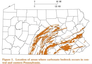Pennsylvania sinkhole image at InspectApedia.com