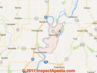Lake County & Reelfoot Lake & Tiptonville Tennessee Map at InspectApedia.com adapted from Google Maps excerpt.