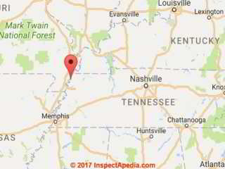 Location of Tiptonville and Reelfoot lake in Tennesse Map at Inspectapedia.com adapted from an excerpt form Google Maps