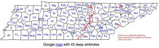 Map of sinkhole counties in Tennessee  at InspectApedia.com adapted from tnlandforms.us cited in this article  