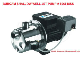 Burcam shallow well jet pump # 506518SS with pressure control switch mounted on pump - cited & discussed at InspectApedia.com