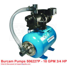 Burcam Pumps 506227P - 18 GPM 3/4 HP Thermoplastic Shallow Well Jet Pump w/ 7 Gallon Tank   discussed at InspectApedia.com 