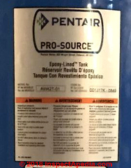 Pentair Pro-Source water tank label data at Inspectapedia.com