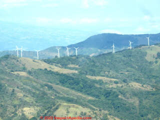 Wind turbines line the ridge of mountains in central Costa Rica in 2018 (C) Daniel Friedman at InspectApedia.com