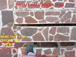 Unsafe open riser stairs (C) Daniel Friedman at InspectApedia.com