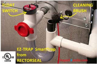 EZ-Trap from Rectorseal, SmartTrap that includes an overflow float switch - at InspectApedia.com
