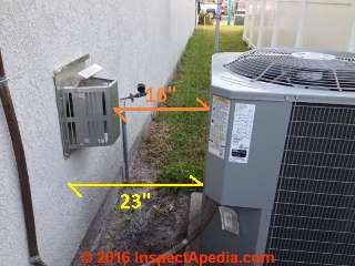Gas fireplace exhaust too close to AC/heat pump compressor/condenser unit (C) InspectApedia AJ