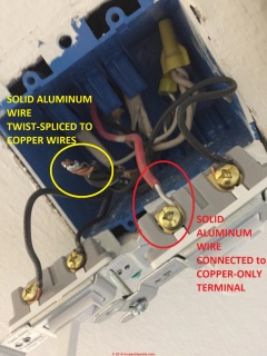 Improper solid conductor aluminum wire connections to a switch and to a splice (C) InspectApedia.com Theo