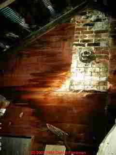 Photograph of an abandoned chimney in an attic.