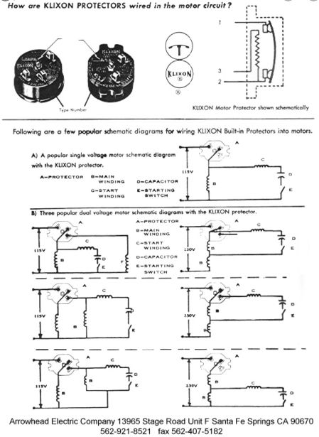 Klixon thermal overload 3 terminal switch wiring diagram from Arrowhead Electric Co., Santa Fe Springs CA TRel: 562-921-8521