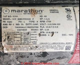 Marathon electric motor data tag (C) InspectApedia.com bird
