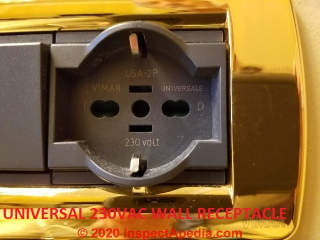 Universal wall electrical receptacle 230 VAC installed in a Genoa home (C) Daniel Friedmana at InspectApedia.com