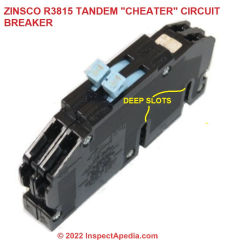 Light blue toggle tandem Zinsco circuit breaker, 15A, (C) InspectApedia.com