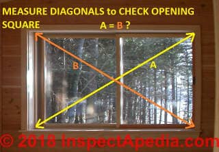 Measure window frame opening diagonals to check for squareness and also check the sides and top for plumb and level (C) Daniel Friedman at InspectApedia.com