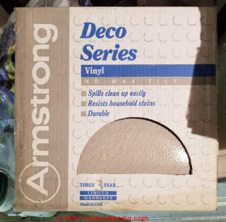 Armstrong Deco series vinyl tiles with warning on back of box (C) InspectApedia.com Julia D