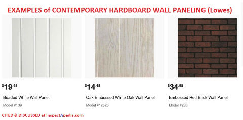 Hardboard wall paneling at Lowes building supply in 2021 - cited & discussed at InspectAPedia.com