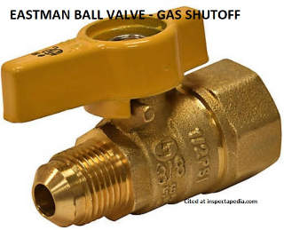 Eastman Gas ball valve for LP or NG lines, using a flare fitting cited in detail at InspectApedica.com
